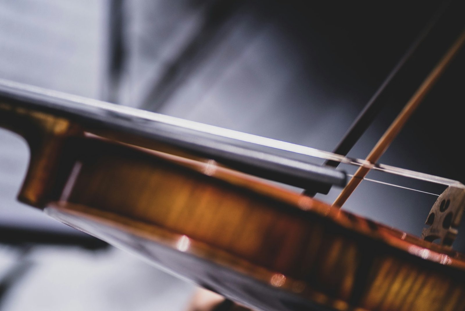 Close-up of Anny's violin and bow mid-performance
